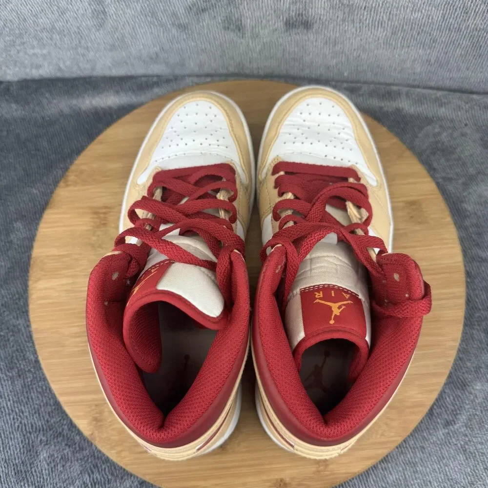 Nike Air Jordan 1 Mid AJ1 Shoes Mens Size 8 Tan Red White Basketball 554724-201